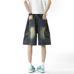 Threebooy Mens Denim Shorts Washed Cargo Drawstring waist Jorts Multi Pocket Workwear Casual Side Large Pockets Stretchy Waistband Outdoor