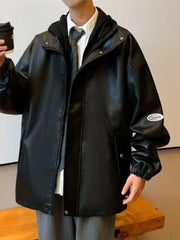 Threebooy Vintage Hooded Fake Two Pieces PU Jacket Autumn Winter Hip Hop Streetwear American Men Women Punk Leather Bomber Jacket