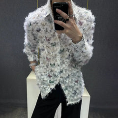 Threebooy Mens Shirt Butterfly Raw Edge Fringe Shirt Autumn Streetwear Niche Campus Performance Casual Long Sleeve Top Men'S Clothing