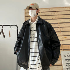 Threebooy Autumn Street Trendy PU Leather Jacket Casual Textured Locomotive Zipper Turn-down Collar Solid Color Long Sleeve Men's Coats