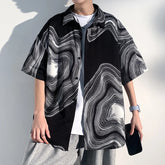 Threebooy Summer Short Sleeve Shirt Men Fashion Retro Print Shirt Men Loose Black White Ice Silk Shirts Mens Hawaiian Shirt Large Size