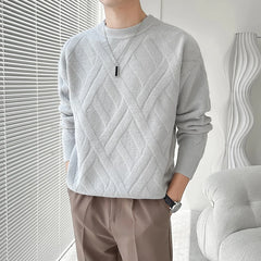Threebooy Men Round Collar Sweater Autumn Winter Warm Casual Slim Fit Pullovers Homme Thickened Plaid Jacquard Sweater