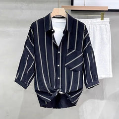 Threebooy Mens Shirt Pocket Striped Long Sleeved Shirt Summer Ice Silk Casual Breathable Moisture Wicking Japanese Top Men's Clothing