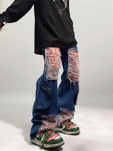 Threebooy American High Street ins Loose Large Damaged Patch Jeans Straight Sweep Floor Pants Fashion Men streetwear pantalon jean