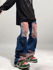 Threebooy American High Street ins Loose Large Damaged Patch Jeans Straight Sweep Floor Pants Fashion Men streetwear pantalon jean