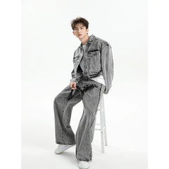 Threebooy American Premium Jacket Denim Suit Spring Casual Loose Jacket Jacket Pants Set