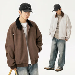 Threebooy Suede jacket men's autumn and winter new item corduroy lapel splicing trendy brand retro loose jacket