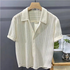 Threebooy Elegant Shirt Striped Simple Hollow Short-sleeved Top Summer Thin Loose Handsome Casual Drooping Men's Shirt Aesthetic