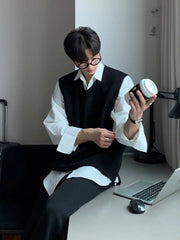 Threebooy V Neck Sweater Man Blue Waistcoat Jumpers Loose Knit Vests for Men High Quality Elegant Vintage Y2k Smooth Casual Korean Style