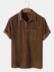 Threebooy New 2025 Men's Summer Corduroy Short Sleeve Shirt Fashion Casual Streetwear Solid Lapel Loose Pullover Retro Simple Tops for Men