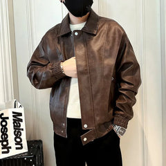 Threebooy Mens Leather Jacket Pocket Zipper Leather Jacket Autumn Casual Versatile Streetwear Trend Daily Top Men's Clothing Unisex