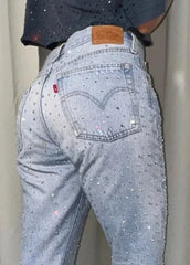 Threebooy Baggy Jeans Women High Waist Slim Y2K Pants Gothic Pocket Sequins Rhinestone Retro Blue Jeans Fashion Straight Denim Trousers