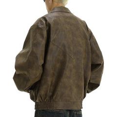 Threebooy 90s Streetwear American Retro Brown Leather Jacket Men's Casual Lapel Jacket