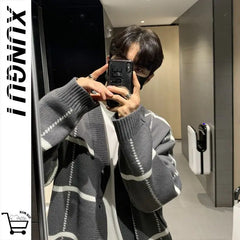 Threebooy Trendy Cardigan Men's Korean Version British Checkered Striped Sweater Men's V-neck Sweater Jacket