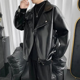 Threebooy Leather Mens Trendy Cool Baseball Sports Jacket Winter Niche Jacket Motorcycle Solid Color Zipper Leather Jacket Men's Outfit