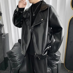 Threebooy Leather Mens Trendy Cool Baseball Sports Jacket Winter Niche Jacket Motorcycle Solid Color Zipper Leather Jacket Men's Outfit
