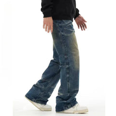 Threebooy Retro washed deep blue jeans with men's high street splicing and slightly flared wide leg pants