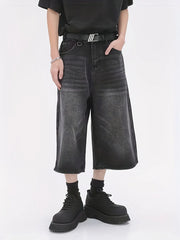 Threebooy Summer New Style Drapey Over-The-Knee Cropped Pants Unisex Trendy American Heavy-Duty Loose Gradient Denim Shorts