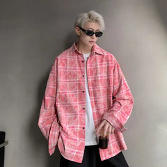 Threebooy Tie-dye Long-sleeved Plaid Shirt Men Versatile Trendy High Street Lapel Jacket