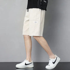 Threebooy Summer Quick Drying Casual Sports Shorts Men Solid Elastic Waist Drawstring Patchwork Pockets Loose Straight Five-Point Pants