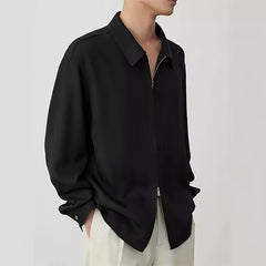 Threebooy Spring Men's Clothing Luxury Drooping Zipper Shirts Retro Premium Long-sleeved Solid Color Korean Popular Business Leisure