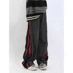 Threebooy Summer American Street Trendy Hip Hop Black and Red Double Zipper Washed Jeans for Men and Women Loose Wide Leg Casual Pants y2k