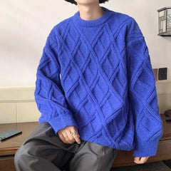 Threebooy Retro Diamond Plaid Sweater Men's Winter Japanese Loose Lazy Style Sweater Round Neck Inner Base Shirt