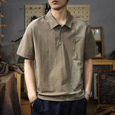 Threebooy Summer Zip Pockets Short Sleeve Polo Shirts Men's Striped Patchwork Turn-down Collar T-shirts High Street Y2K Polos Tee Tops