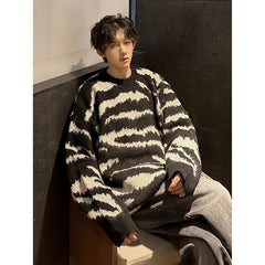Threebooy New Popular Contrast Color Sweater High Quality Black Casual Round Neck Knitted Sweater Autumn Winter Men's Lazy Pullover