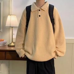 Threebooy Autumn Clothing Men's Luxury Knitted Pullovers Sweater Long Sleeve Polo Shirt Texture Lapel Premium Solid Color Fashion Knitwear