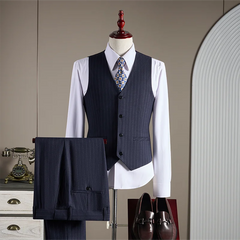 Threebooy High-quality, fashionable and stylish British-style banquet striped suit set, men's three-piece business casual suit