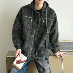 Threebooy Mens Street Fashion Casual Loose Trendy Fake Two-Piece Woolen Hooded Jacket Autumn Winter High-End Lazy Casual Versatile Jacket