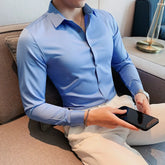 Threebooy Mens Long Sleeve Shirts Casual Slim Fit Men Dress Shirts Solid Color Formal Business Social Clothing Blouse Plus Size S-3XL
