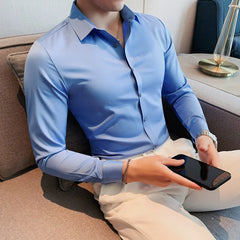 Threebooy Mens Long Sleeve Shirts Casual Slim Fit Men Dress Shirts Solid Color Formal Business Social Clothing Blouse Plus Size S-3XL