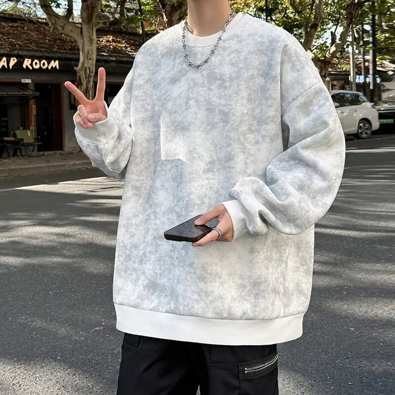 Threebooy Spring Casual Fashion Tie-dye Hoodies for Men Sweatshirt O Neck Black White Hip Hop Pullover Streetwear Korean Harajuku