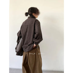 Threebooy Spring Autumn Japan Retro Long-sleeved Striped Shirt Men's Vintage Preppy Top Casual Loose College Boyfriend Style Shirt Jacket