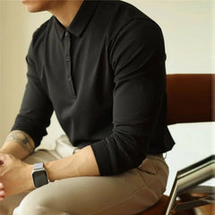 Threebooy New American Retro Men Polo Shirt Light Luxury Solid Color Slim-fit Commuting Long Sleeve T-shirt Leisure Business Pullover Tops