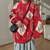 Chinese style sweater men Autumn Winter New loose knitted pullover Fashion Chinese Blessing Language Pattern Christmas New Year