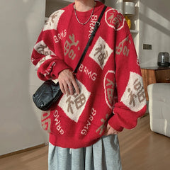 Chinese style sweater men Autumn Winter New loose knitted pullover Fashion Chinese Blessing Language Pattern Christmas New Year