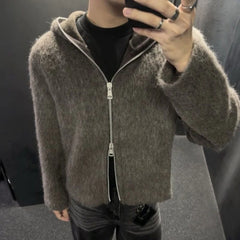 Threebooy Korean Fashion Cardigan Casual Loose Zipper Hooded Jacket 2025 Spring Autumn New Plush High-End Street Hip-Hop Y2k Jacket Men