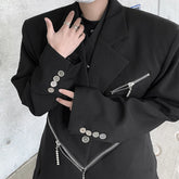 Threebooy Oversized Black Blazer Men High-end Fashion Leisure Suit Jackets Multi-zippers Male Streetwear Casual Korean All-match Suit