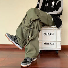 Threebooy Retro Loose Straight Leg Work Pants American Trend Men's and Women's Loose Wide Leg Pants High Street Casual Design Pants