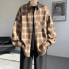 Threebooy Spring Long Sleeved Shirt Men Fashion Retro Plaid Shirt Men Streetwear Loose Casual Shirt Mens Vintage Shirts Plus Size 5XL