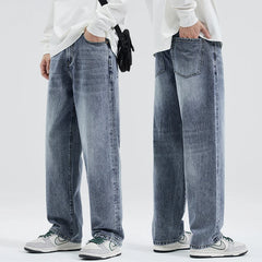 Threebooy Classic Men's Loose Jeans Korean Style Baggy Straight Wide Leg Pants Lightning Pattern Hip-Hop Street Men's Pants