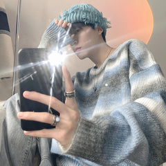 Threebooy Autumn Clothing Men's Knitted Light Luxury Pullovers Sweater Korean Vintage O Neck Striped Long Sleeve Knitwear New