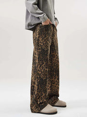 Threebooy 100% Cotton Leopard Print Men's Straight Jeans Baggy Fashion Designer Casual Pants Personality Streetwear Hip Hop Male Trousers