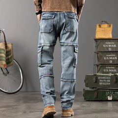 Threebooy Autumn New Styles Outdoor Men'S Wide Leg Jeans Workwear Multi-Pocket Straight Pents Baggy Jeans Plus Size Tapered Jeans