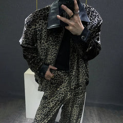 Threebooy Mens Y2k Plush Leopard Print Temperament Jacket Autumn Fashion Streetwear Personality Performance Trousers Men'S Clothing