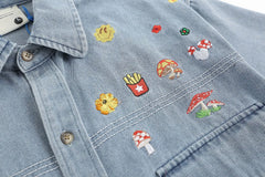 Threebooy Japanese Retro Denim Shirts for Men Short Sleeve Button Down Shirt Jacket Oversize Summer Men's and Women's Embroidery Top