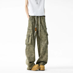 Threebooy Men Military Camo Workwear Cargo Pants Elastic Waistband Drawstring Tactical Joggers Loose Straight Leg Big Side Pockets Outdoor